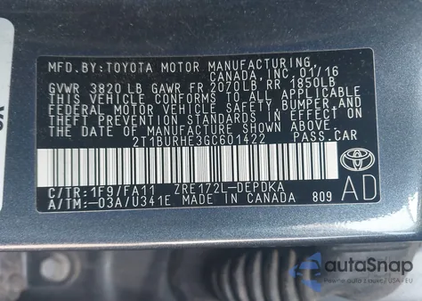 2016 Toyota Corolla L из США, поврежденный, VIN 2T1BURHE3GC601422